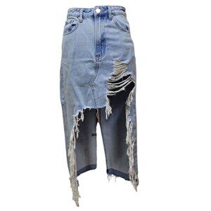 Insane Gene Distressed Denim Skirt Women’s Size Small Raw Hem Ripped Jean Midi